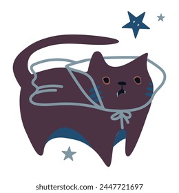 Stylization of a cute cat in a fancy dress. Surprise and confusion. Kitten with fangs and in a cloak. Dark color scheme. Stars. Gothic