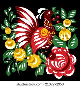 Stylization for ethnic painting. Bird on a black background with flowers and a rose. Stylization of Gorodets. Slavic drawings, folk painting. Vector illustration. 