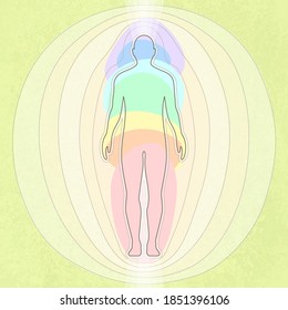 Stylization of human energy, seven chakras, body, vector illustration