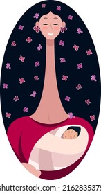 Stylization of mother and child, a baby in the arms of a woman with a long neck and flowers in her hair