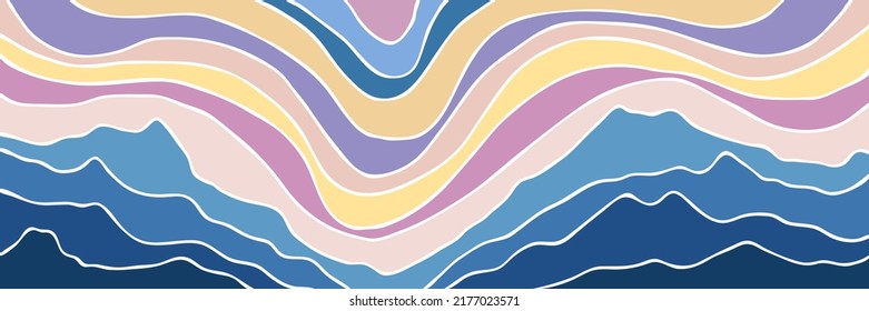 Estilización del paisaje montañoso, las crestas y el cielo de puesta de sol, ilustración vectorial