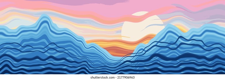 Stylization of mountain landscape, ridges and sunset sky, vector illustration