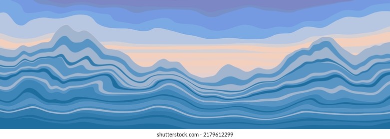 Estilización del paisaje montañoso, luz de puesta de sol, ilustración vectorial