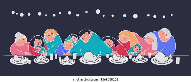 Stylization mystical supper flat collection family trendy flat people. Christmas dinner Turkey on table. Daughter, mom father grandparents Christian poster cartoon style. Merry Christmas trendy people