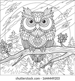 stylization of an owl sitting on a branch against the moon, night, bats, for coloring for adults, t-shirts with a pattern, poster, etc.