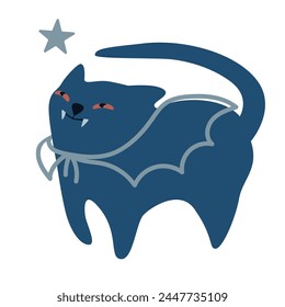 Stylization of a sly cat in a carnival costume. Surprise and confusion. Cat with vampire fangs. Cloak in the form of bat wings. Dark color scheme. Star. Gothic style