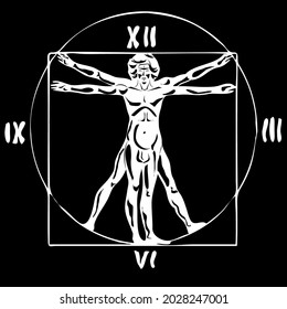 Stylization Of The Vitruvian Man And The Dial Of The Clock. Vector Illustration. 