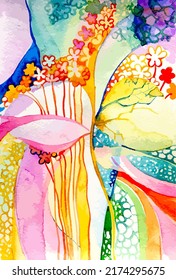 Stylization of Watercolor drawing of abstract flowers and water jets. Closed eyelid of the eye. Vector
