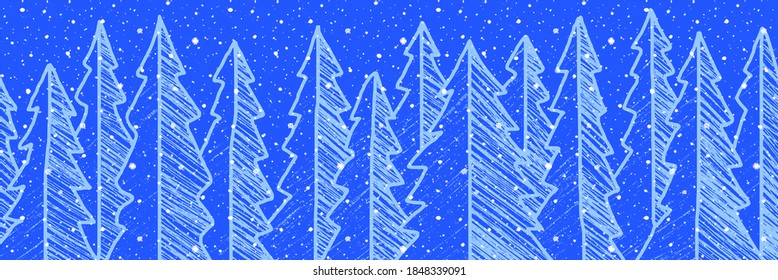 Stilisierung einer Winterlandschaft, Wald, Schneefall. Vektorgrafik, handgezeichnet.