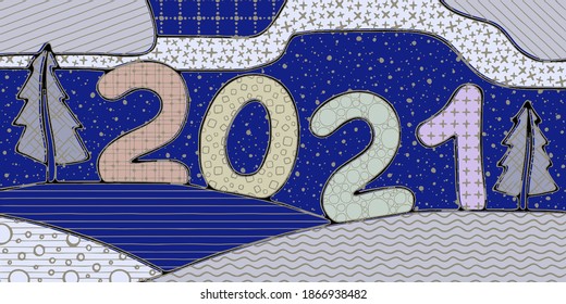 Stylization of a winter landscape: snowdrifts, trees, number 2021. Original textures.