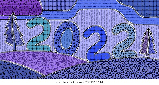 Estilización de un paisaje invernal: nevadas, árboles, número 2022. Texturas originales, colores diferentes.