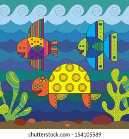 Stylize fantasy fishes under water.