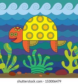 Stylize fantasy turtle under water.