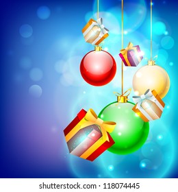 Stylize hanging Xmas balls and gift boxes for Merry Christmas celebration. EPS 10.