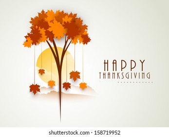 Stylize Happy Thanksgiving background with red autumn maple tree on morning background, can be use as flyer, banner or poster, 