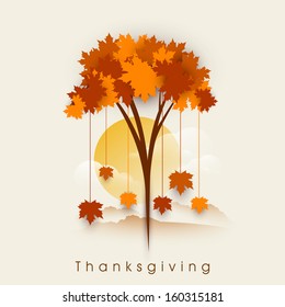 Stylize Happy Thanksgiving background with red autumn maple tree on morning background, can be use as flyer, banner or poster, 