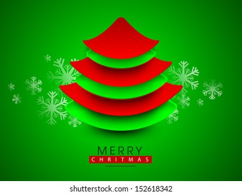 Stylize paper Xmas tree with snowflakes on abstract green background for Merry Christmas.