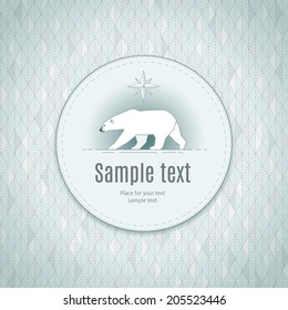 Stylize polar bear in round frame on geometric background. Template for your design 