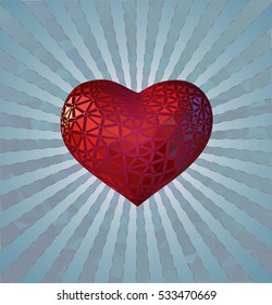 Stylize red heart symbol with decoration ornament on blue light shine background