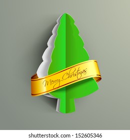 Stylize Xmas tree from paper cutout with golden ribbon for Merry Christmas. 