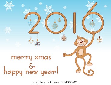 Stylized 2016 with funny monkey on light blue for greeting with New Year and Christmas. Vector illustration