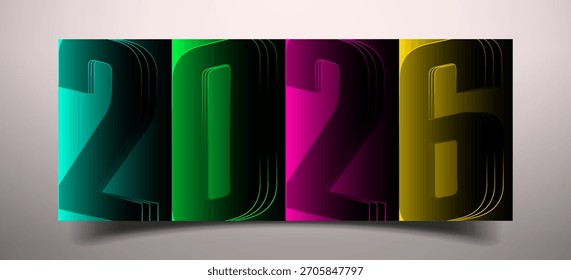 Números estilizados de 2026 en paneles de colores sobre un fondo gris claro