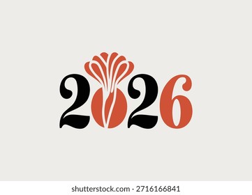 Stylized 2026 year design featuring elegant black and orange numbers with a unique artistic floral element