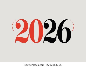 Diseño estilizado de números de 2026 años con números rojos y negros en negrita para próximos eventos y planificación futura