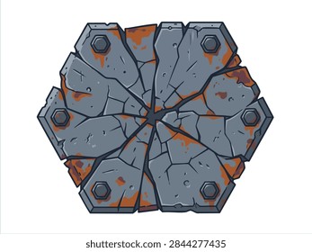 Stylized 2D game asset vector illustration of a cracked hexagonal rusty metal plate with bolts and industrial rust texture, ideal for UI icons, buttons, and game design.