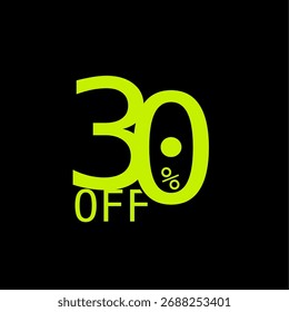 Stylized 30% off label with green text on a black background