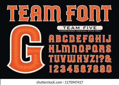 A stylized 3d alphabet with sports team styled lettering. This vector font has raised embroidery thread effects.