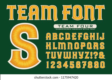 A stylized 3d alphabet with sports team styled lettering. This vector font has raised embroidery thread effects.