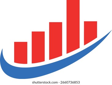 Un gráfico de barras 3D estilizado con barras rojas ascendentes en una línea curva azul, que simboliza el crecimiento y las tendencias positivas.