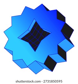 Un poliedro azul 3D estilizado o un orbe estelar geométrico hecho de facetas cúbicas entrelazadas en diferentes tonos azules, con una estrella central oscura o un vacío, que evoca complejidad, profundidad, tecnología o diseño cósmico o moderno abstracto