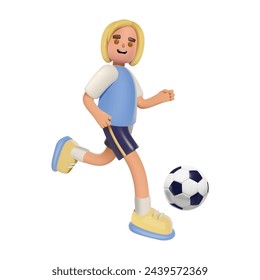 Niño estilizado 3D que juega al fútbol en uniforme deportivo. El personaje de dibujos animados corre con el balón de fútbol. Ilustración aislada del vector.