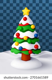 Estilizado árbol de Navidad 3D cubierto de nieve, decorado con bolas de colores y una estrella en la parte superior. Linda Ilustración vectorial de dibujos animados para vacaciones de invierno.