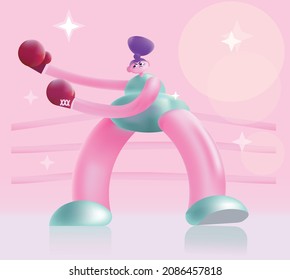 A stylized 3D female boxer in red gloves and teal leotard, poised in a minimalist pink boxing ring with glowing ropes and sparkling lights, conveying strength.
