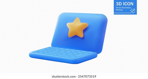 A stylized 3D illustration of a blue laptop with a yellow star icon on its screen, representing favorite content, rating, or achievement in a digital context