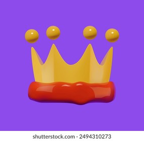 Stylized 3D illustration of a golden crown with a red base and round ornaments. Isolated icon on a bright purple background. Royalty and leadership concept.