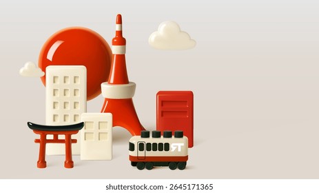 Ilustração 3D estilizada mostrando elementos icônicos de Tóquio: Torre de Tóquio vermelha, portão de torii tradicional, edifícios modernos e trem sob um grande sol vermelho e nuvens.