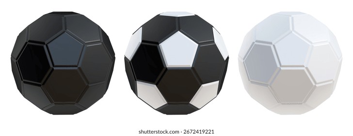 Stylized 3D image of a soccer ball or football ball. Set of black and white and grayscale soccer ball icons. Realistic image for logo, emblem or symbol. Vector illustration