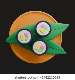 Stilisierte 3D rendern Sushi-Rollen mit einem Blatt auf einer braunen Holzplatte im Cartoon-Stil auf einem schwarzen Hintergrund. Vektor-Illustration für Design-Plakate, soziale Medien des Einkaufens, Verkaufens und mehr Designs.
