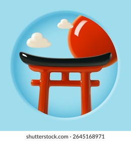 Stylized 3D rendering of a traditional Japanese torii gate with red sun and fluffy clouds on a soft blue backdrop.

