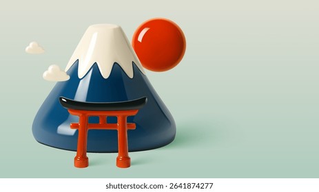 A stylized 3D scene of Mount Fuji, a traditional torii gate, the rising sun, and clouds in a clean minimal design.