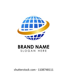 Stylized 3D spherical surface with  swoosh shape. digital globe icon. This logo is suitable for global company, world technologies and media and publicity agencies