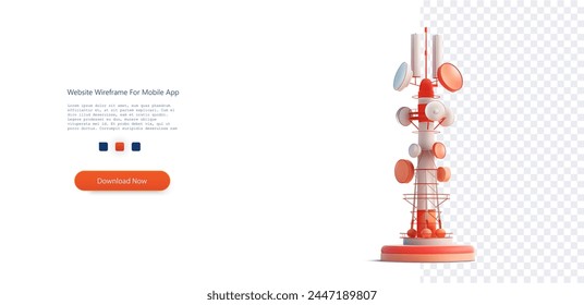 Stylized 3D Telecommunication Tower with Dishes and Antennas on Transparent. A modern 3D illustration of a telecommunication tower with various antennas and dishes, isolated on a transparent backgroun