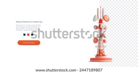 Stylized 3D Telecommunication Tower with Dishes and Antennas on Transparent. A modern 3D illustration of a telecommunication tower with various antennas and dishes, isolated on a transparent backgroun