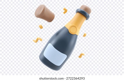 Botella de champán de Vector 3D estilizada que hace estallar con el corcho volador y el confeti aislados en el fondo transparente que representa el éxito del partido de la celebración y los acontecimientos festivos