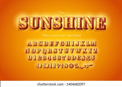 Stylized 3d vector font and alphabet. Sunshine. Yellow lowers letters, numbers and symbols decorated light bulb. Retro summer abc.