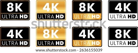 Stylized 4K and 8K Ultra HD resolution icons in gold and black for premium digital video quality, modern display badges, and high-definition streaming media visuals